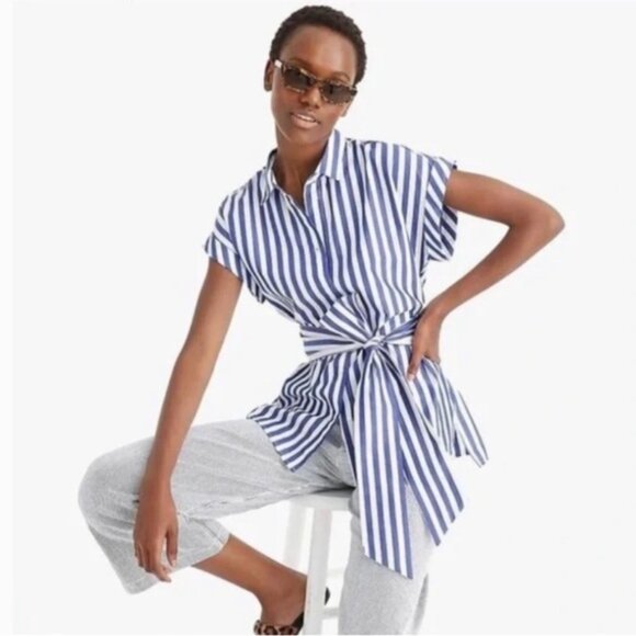 J.Crew Button Front Tie Waist Top in Bold Stripe Cotton Poplin sz S - Picture 3 of 12